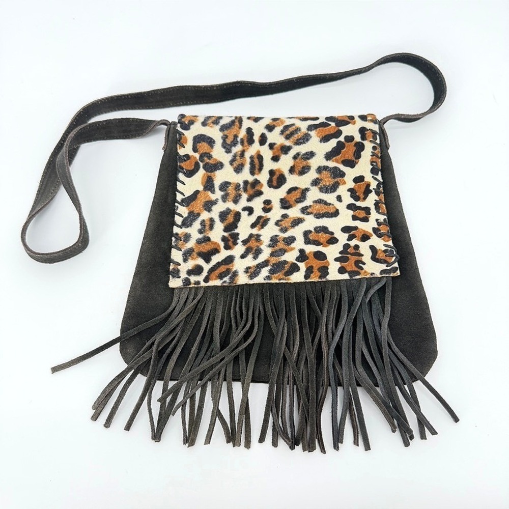 Crossbody Bag Suede Fringe Front Leopard Animal Print Black Thin‎ Eclectic Boho